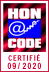 Certificat HONcode du site Mes Bienfaits. Logo rouge, bleu et noir avec le sigle @ placé entre les mots HON et CODE.