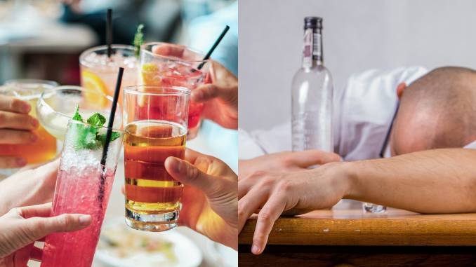 Deux images : à gauche, plusieurs amis qui trinquent avec leurs verres d'alcool, à droite un homme qui ne va pas bien, la tête contre une table, une bouteille d'alcool à la main.