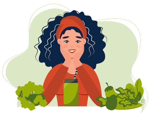 Illustration d'une jeune femme brune, sourire aux lèvres, avec un jus de légumes verts face à elle.
