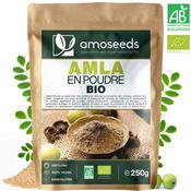 Complément alimentaire à base d'amla : paquet kraft avec étiquette et des feuilles sur le côté. Logo AB bio et eurofeuilles