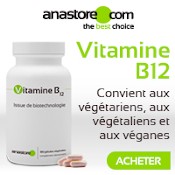 Vitamine B12 : boîte, gélules et explications sur fond blanc "convient aux végétariens, végétaliens et véganes"