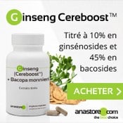 Complément alimentaire à base de bacopa monnieri et ginseng cereboost : boîte, gélules et plante.