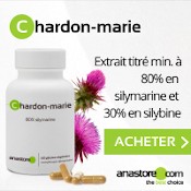 Complément alimentaire de chardon-marie : extrait titré min. à 80 % en silymarine et 30 % en silybine. Boîte blanche, gélules disposées à côté et plante verte et violette derrière. Fond blanc et gris clair.