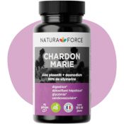 Complément alimentaire de chardon-marie, desmodium et pissenlit de la marque française Naturaforce. Boîte noire de gélules avec étiquette blanche et mauve sur fond blanc et mauve.