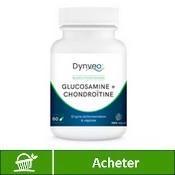 Complément alimentaire à base de chondroïtine et glucosamine de la marque Dynveo sur fond blanc. Il y a un bouton acheter.