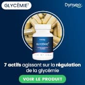 Complément alimentaire pour réguler la glycémie, de la marque Dynveo. Une boite blanche et bleue sur fond bleu avec un bouton voir le produit en vert. Les gélules sont représentées en arrière-plan, derrière la boîte du complexe glycémie.