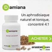 Complément alimentaire à base de damiana (Turnera diffusa) : boîte, gélules et plante.