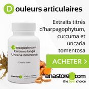 Anti-inflammatoires naturels à base de curcuma, harpagophytum et uncaria tomentosa : boite et gélules sur fond gris.