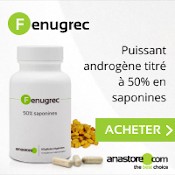 Complément alimentaire de fenugrec : puissant androgène titré à 50 % en saponines. Boîte blanche, gélules et graines de fenugrec. Fond blanc et gris clair.