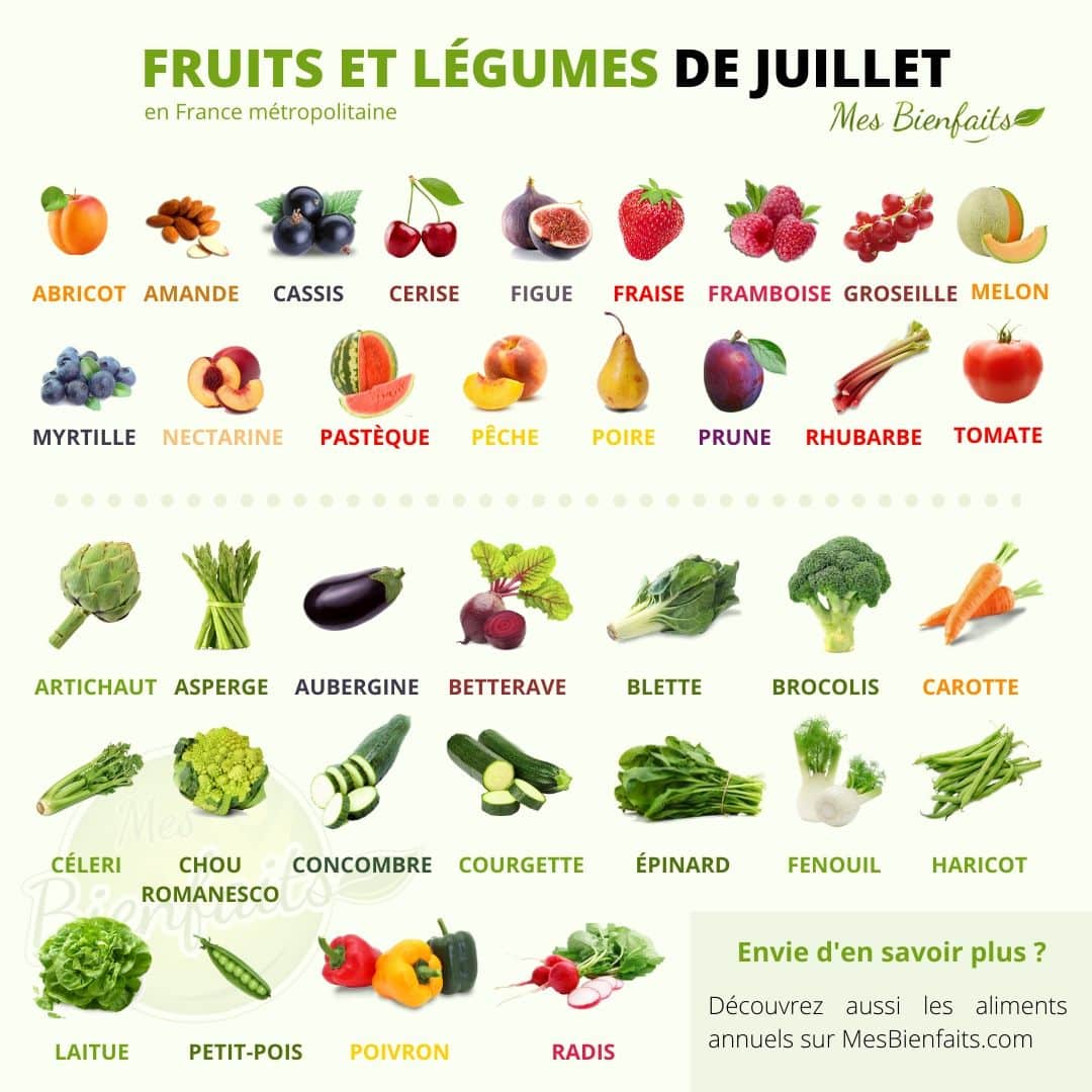 Infographie des fruits et légumes du mois de juillet. Aliments locaux en France métropolitaine.