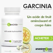 Complément alimentaire de garcinia : boîte, gélules et fruit coupé. Bouton acheter et brèves explications sur le produit. Fond blanc et gris clair bleuté.