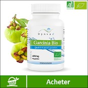 Garcinia : boite de compléments alimentaires (gélules) de la marque française Dynveo. Fond blanc avec les fruits du garcinia en arrière plan, derrière la boite. La mention acheter est sur fond vert, en bas de l'image.