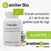 Complément alimentaire à base de gattilier bio : boite, gélules et fleur sur un fond gris.