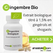 Gingembre bio proposé sous forme de complément alimentaire : boîte, gélules, racine de gingembre et explications du produit sur fond blanc et gris.