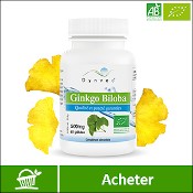 Ginkgo biloba bio : boite de compléments alimentaires (gélules) de la marque française Dynveo. Fond blanc avec des feuilles bilobées jaunes de l'arbre ginkgo en arrière plan, et la mention acheter.