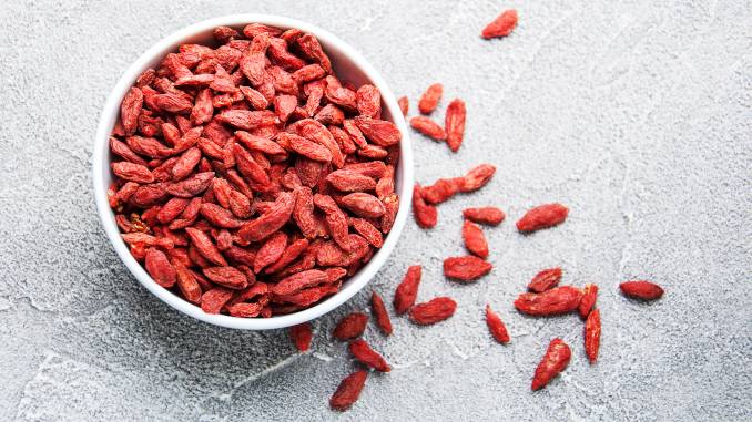 Baies de goji dans un bol blanc. Quelques baies sont éparpillées autour du bol. Fond gris métallisé.