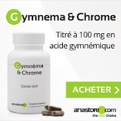 Complément alimentaire de gymnema et chrome titré à 100 mg en acide gymnémique. Boîte blanche épurée avec écritures noires, gélules et bouton acheter. Fond blanc et gris.
