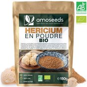 Complément alimentaire à base de champignon Hericium erinaceus : sachet kraft, champignon et poudre.