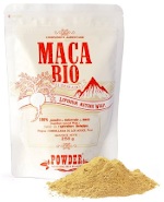 Maca bio en poudre dans un sachet avec de la poudre à côté