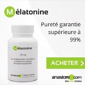 Boîte de mélatonine avec des écriture pour présenter le produit. Tonalités blanches, grises et vertes.