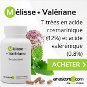 Complément alimentaire de mélisse + valériane : boîte, gélules, plantes et quelques explications avec un bouton acheter. Fond blanc et gris clair.