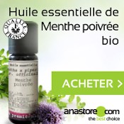 Huile essentielle de menthe poivrée : flacon, titre du produit, mention acheter et feuilles de menthe poivrée sur fond blanc et vert.