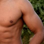 Zoom sur les muscles (torse, abdos, bras) d'un homme. Fond de verdure.