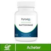 Complément alimentaire à base de nattokinase de la marque Dynveo. Une boite blanche et bleue sur fond blanc avec bouton acheter vert.