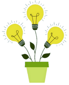 Illustration d'une plante « ampoules » dans un pot vert. Au bout des tiges, il y a des ampoules jaunes et brillantes. Quelques feuilles sont également dessinées.