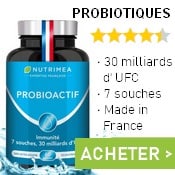 Complément alimentaire à base de probiotiques : boîte, gélules et bouton acheter.