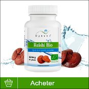 Reishi bio : boite de compléments alimentaires (gélules) de la marque française Dynveo. Fond blanc avec des champignons (reishi) en arrière plan, une vague d'eau et la mention acheter.