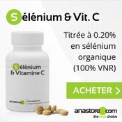 Complément alimentaire à base de sélénium (levure de sélénium) : boîte et comprimés.