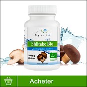 Shiitake : boite de compléments alimentaires bio (gélules) de la marque française Dynveo. Fond blanc avec les champignons shiitake en arrière plan, derrière la boite. La mention acheter est sur fond vert, en bas de l'image.