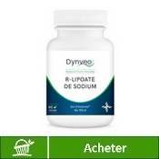 Complément alimentaire à base de sodium-r-lipoate (acide alpha-lipoïque) sur fond blanc et bouton acheter. 