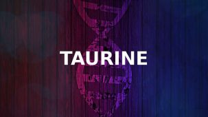 Mot Taurine écrit sur un fond coloré à dominance de violet. Chaîne acide aminé représentée en arrière plan.