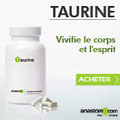 Boîte de compléments alimentaires "Taurine" avec quelques gélules disposées à côté. Fond blanc et dégradé bleu simple.