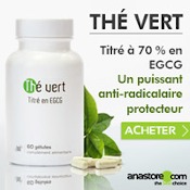 Complément alimentaire de thé vert : boîte, gélules, feuilles de thé vert et quelques explications sur le produit avec un bouton acheter. Fond blanc et gris clair bleuté.