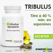 Tribulus Terrestris : boite de compléments alimentaires (gélules) de la marque Anastore. Fond blanc avec des fleurs de tribulus en arrière plan, derrière la boite.