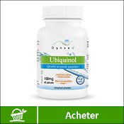 Ubiquinol (coenzyme Q10) : boite de compléments alimentaires (gélules) de la marque française Dynveo sur fond blanc. La mention acheter est sur fond vert, en bas de l'image.