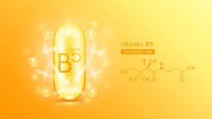Vitamine B5, ou acide pantothénique, représentée par une gélule et une formule chimique. Fond jaune or.