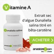 Complément alimentaire à base de vitamine A (Dunaliella salina) : boîte, gélules et poudre d'algue.