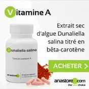 Complément alimentaire à base de vitamine A (Dunaliella salina) : boîte, gélules et poudre d'algue.