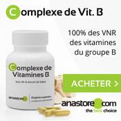 Complément alimentaire à base de vitamines B (vitamine B1, B2, B3, B5, B6, B8, B9 et B12) de la marque Anastore. On aperçoit une boite blanche et un bouton vert acheter.