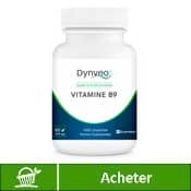 Vitamine B9 Quatrefolic de la marque Dynveo : on aperçoit un flacon de complément alimentaire et un bouton acheter en vert