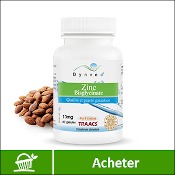 Zinc : boite de compléments alimentaires bio (gélules) de la marque française Dynveo. Fond blanc avec des amandes en arrière plan, derrière la boite. La mention acheter est sur fond vert, en bas de l'image.